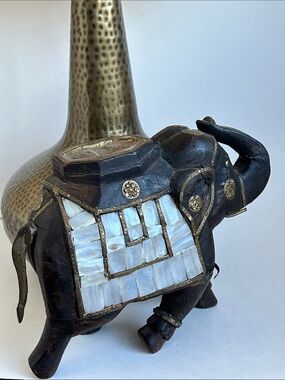 Vintage Decorative Wooden Elephant Figurine Mother-of-Pearl Inlay Brass Trim